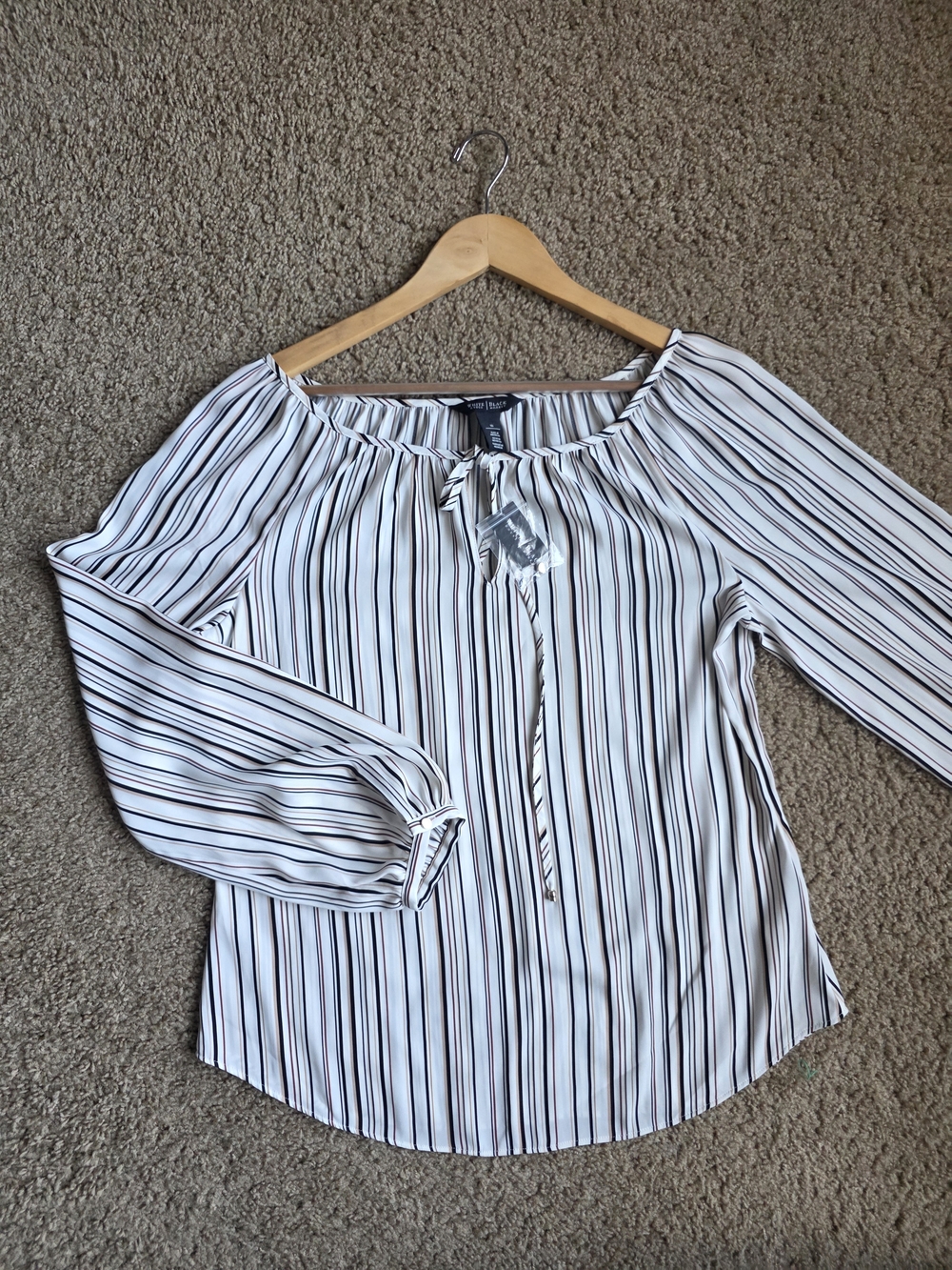 White Striped Off-Shoulder Blouse with Tie Neck By White House Black Market.